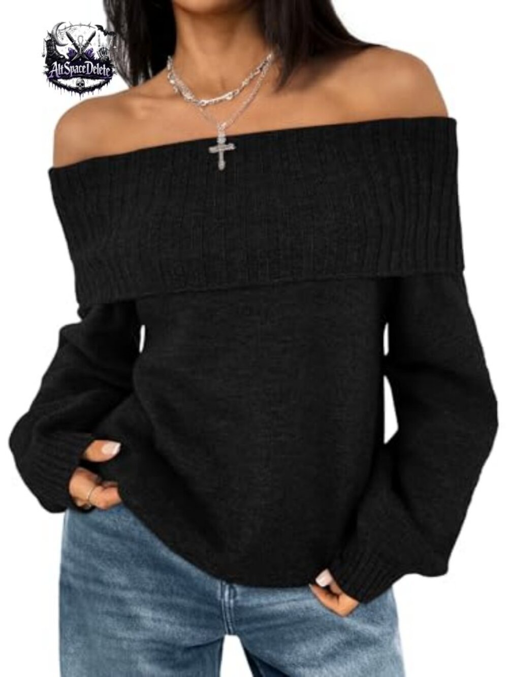 Off The Shoulder Sweater Womens Loose Fit Oversized Knit Pullover